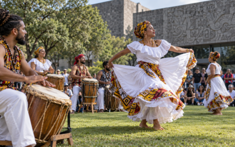 Músicos y bailarines participan en una presentación de percusión en un jardín cultural
