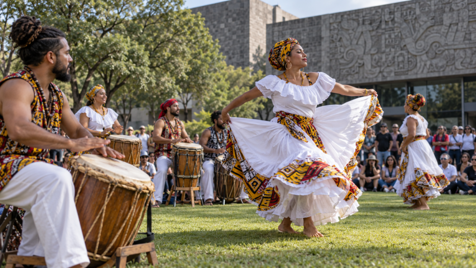 Músicos y bailarines participan en una presentación de percusión en un jardín cultural